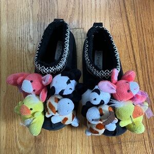 Black Slippers with Plush Animal Accents